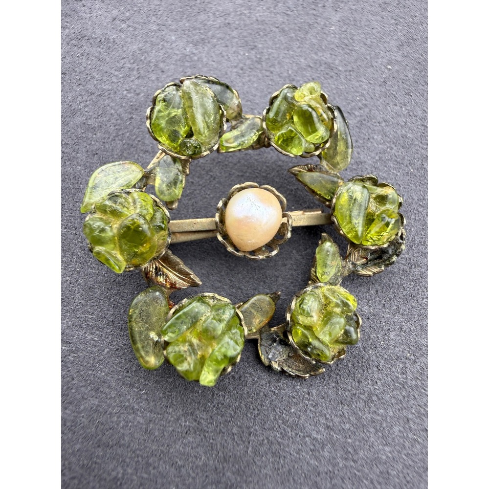 Vintage Wreath Brooch Green Glass Flower Faux Pearl Gold Tone Pin Cottagecore